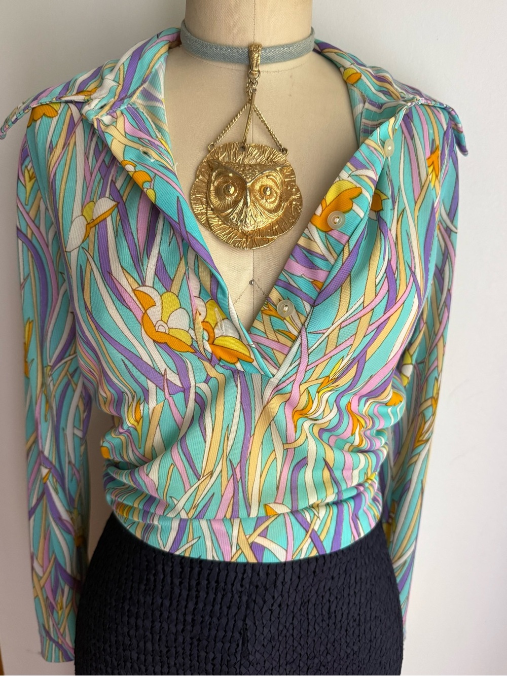 Vintage 70s Psychedelic Polo Knit Top Pastel Mod Long Sleeve Retro Nylon Shirt